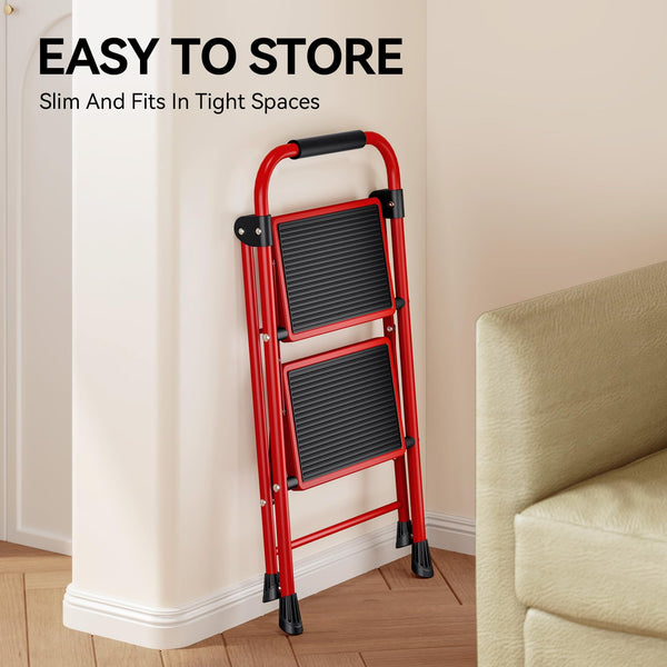 KINGRACK 2 Step Ladder with Handrail, Non-Slip Household Ladder with Folding Safety, Aluminium Folding Step Stool, Maximum Load 150 kg, Black