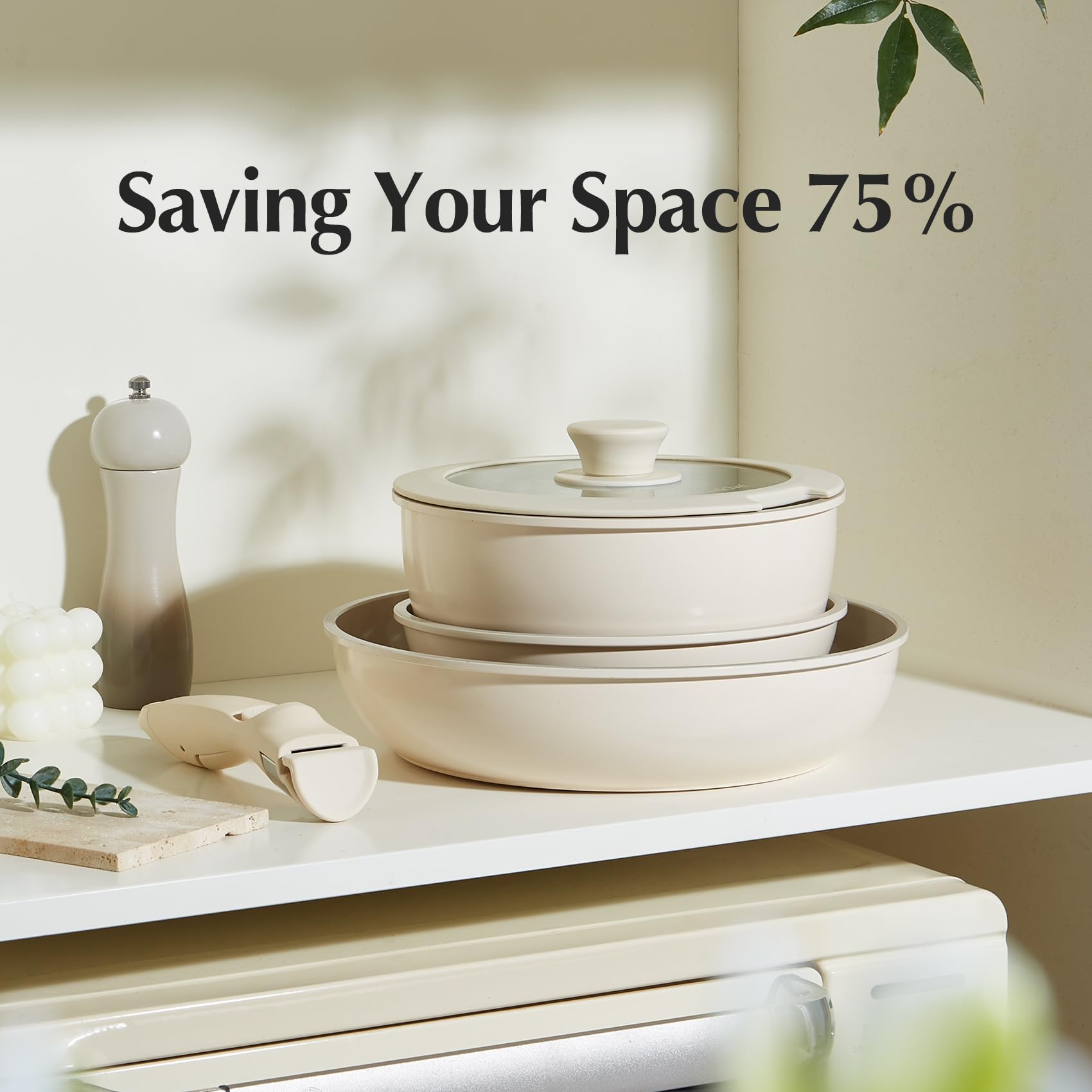 Redchef Ceramic Pots and Pans Set Non Stick, 16 pcs Nonstick Cookware Set with Detachable Handle, Non Toxic, PFAS PFOA & PTFE Free, RV Ceramic Cookware Set for Camping, Oven Safe (Pink)