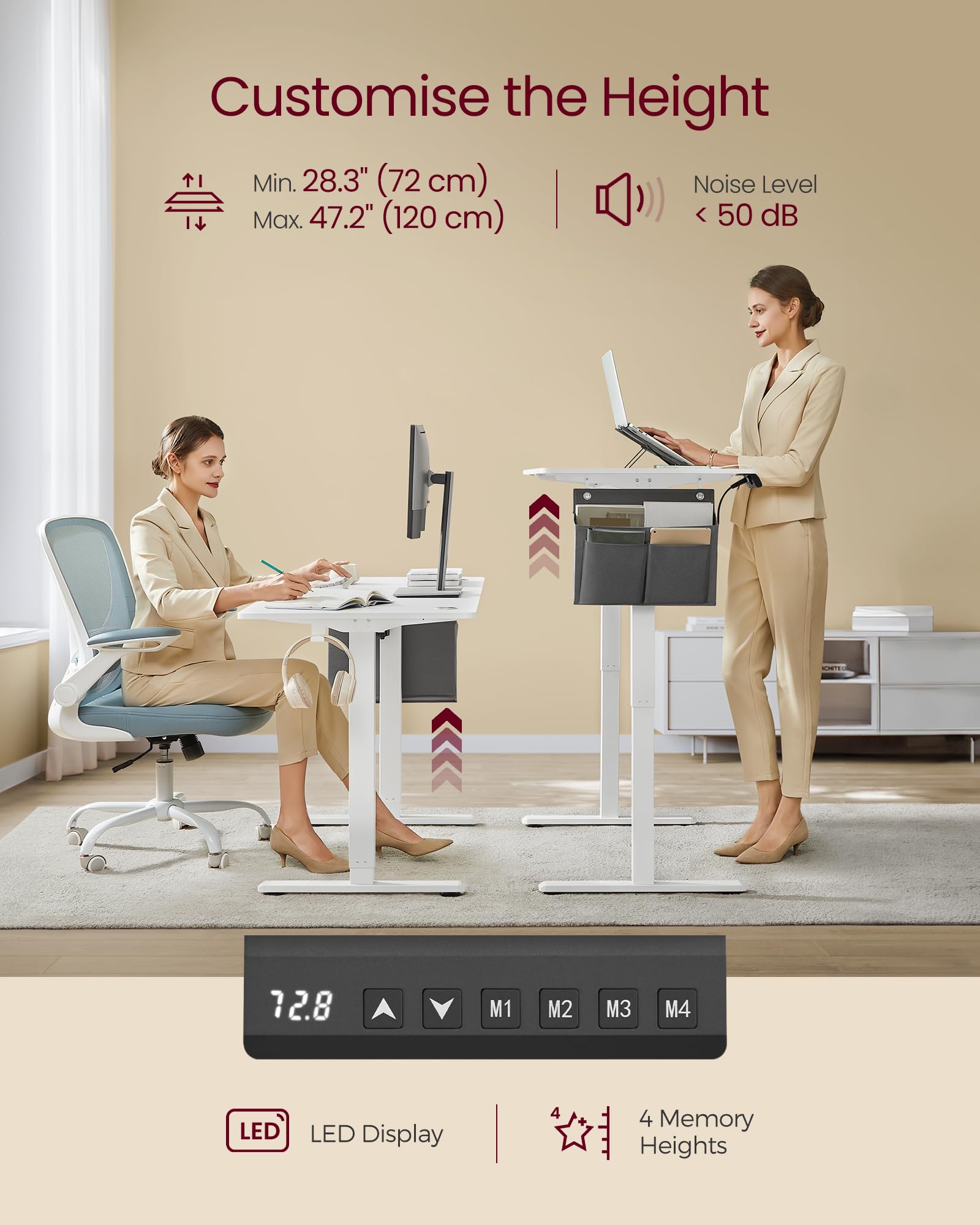 VASAGLE Electric Standing Desk, Height Adjustable Desk, 60 x 140 x (72-120) cm, 4 Memory Heights, Storage Pocket, for Home Office, Study, Rustic Brown and Ink Black LSD134K02