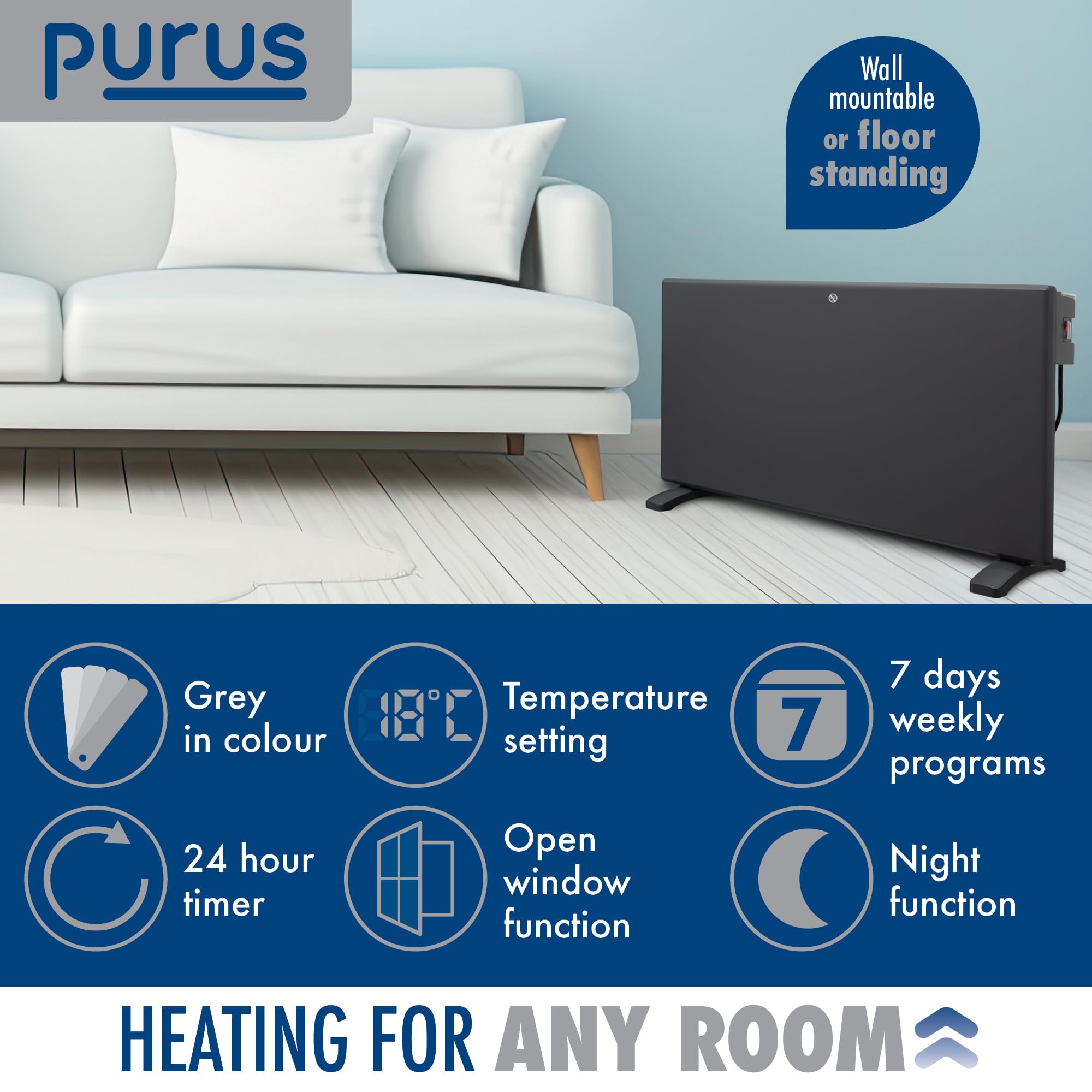 Purus 600W Grey Electric Radiator Heaters for Home, Bathroom Safe Electric Heater Setback Timer Lot 20 & Advanced Thermostat Control Wall Mounted or Floor Standing Low Energy Panel Heater
