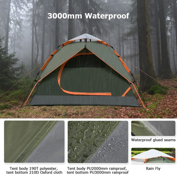 Gysrevi Camping Tent, 3 Man Instant Pop Up Tent Waterproof, Large Double Layer Automatic Dome Tent, Outdoor Backpacking Tents for Camping