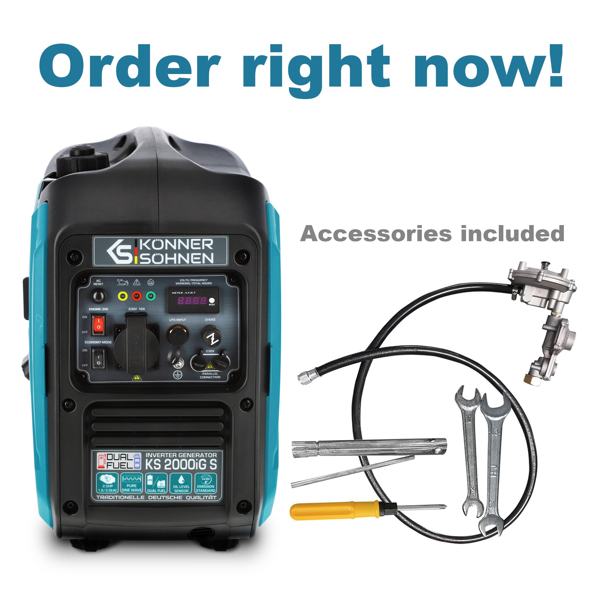 Könner & Söhnen KS 3100iG S portable LPG/petrol inverter generator 3100 W,UK Plug Socket 1x13 A (230 V), 2 USB ports,copper winding,silent inverter generator,dual fuel generator