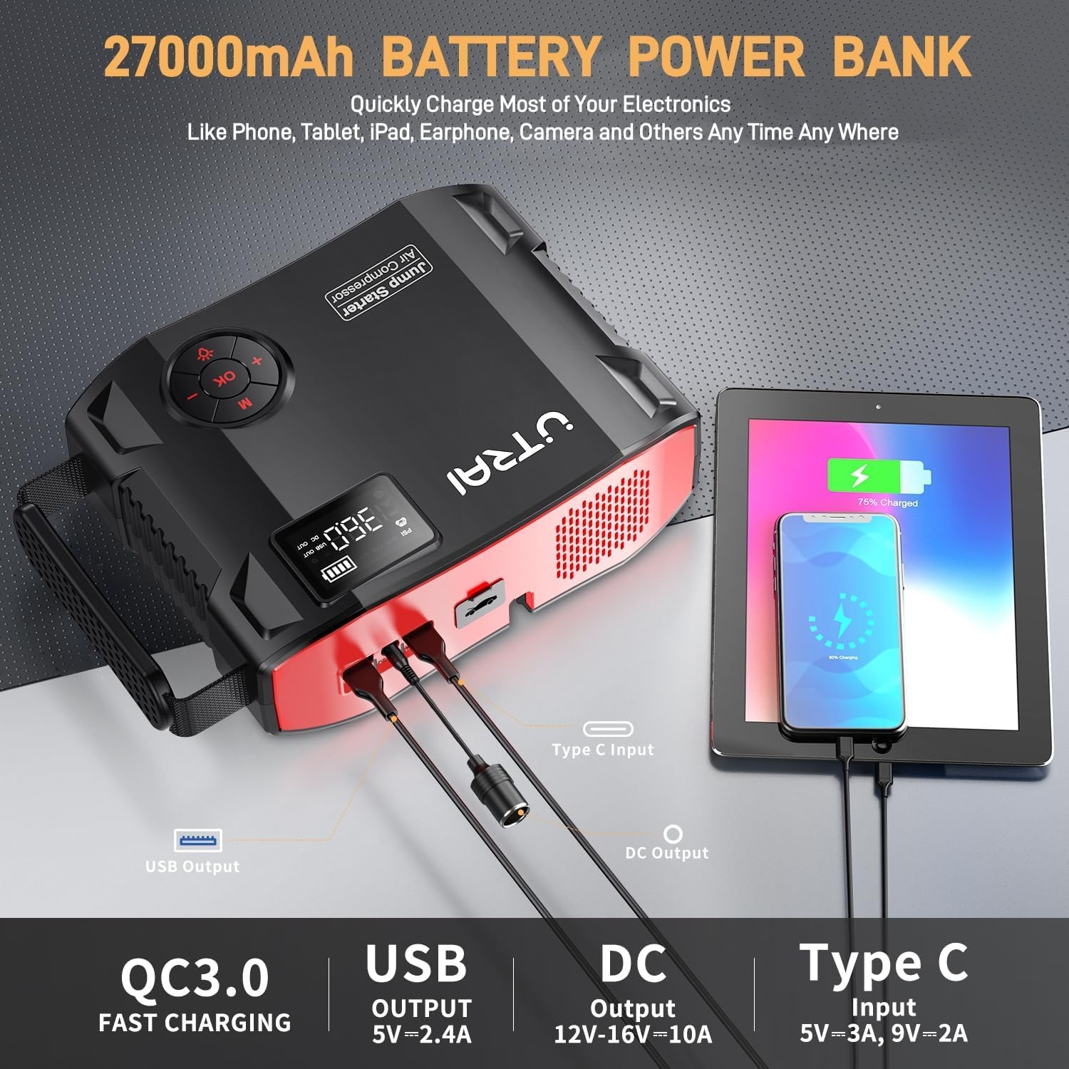 6000A Jump Starter Power Pack with 150PSI Air Compressor,UTRAI 27000mAh 12V Portable Emergency Car Battery Booster Jump Starter for All Gas/8L Diesel,DC160W,QC3.0,18W Fast Charging,LED Flashlight