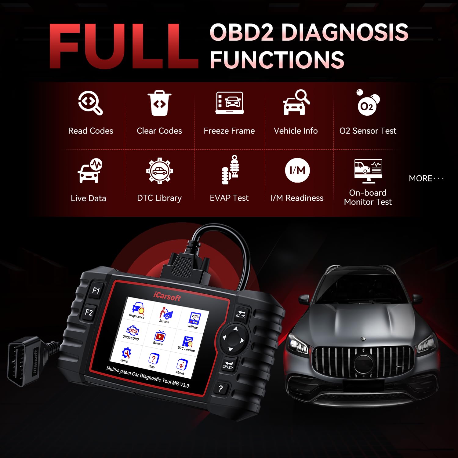 iCarsoft Car Diagnostic Tool for Ben.z/Smart/Sprinter, 30+ Service Functions OBD2 Scanner, MB V3.0 All System Code Reader, Bi-Directional Control, Auto VIN, Continuous Software Update