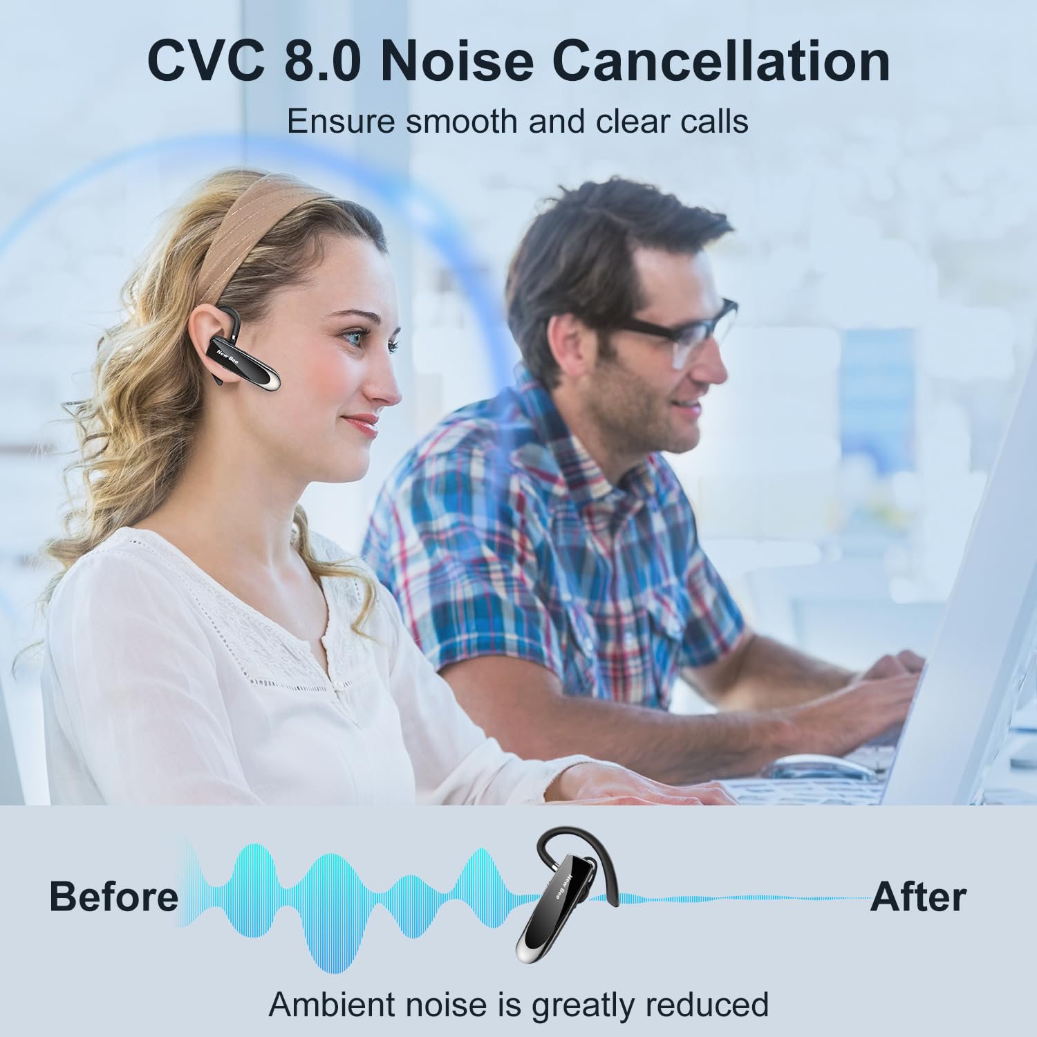 New bee Handsfree Bluetooth Earpiece, Wireless Bluetooth Headset with Microphone 60 Days Standby Headphones with Microphone for iPhone, Samsung, HTC, LG, Sony, PC (Black)