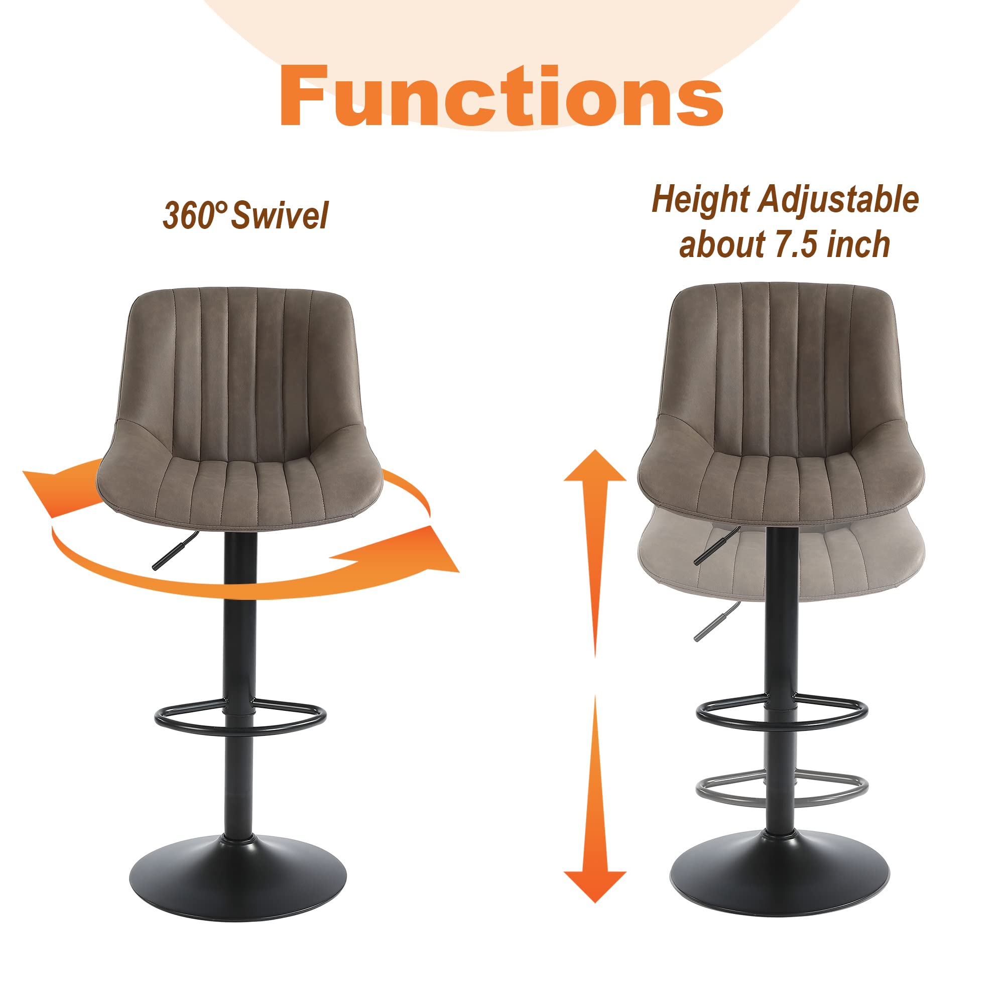 Youhauchair Bar Stools Set of 2, Swivel Counter Height Barstools with Back, Adjustable PU Leather Bar Chairs, Modern Armless Kitchen Island Stool, Black