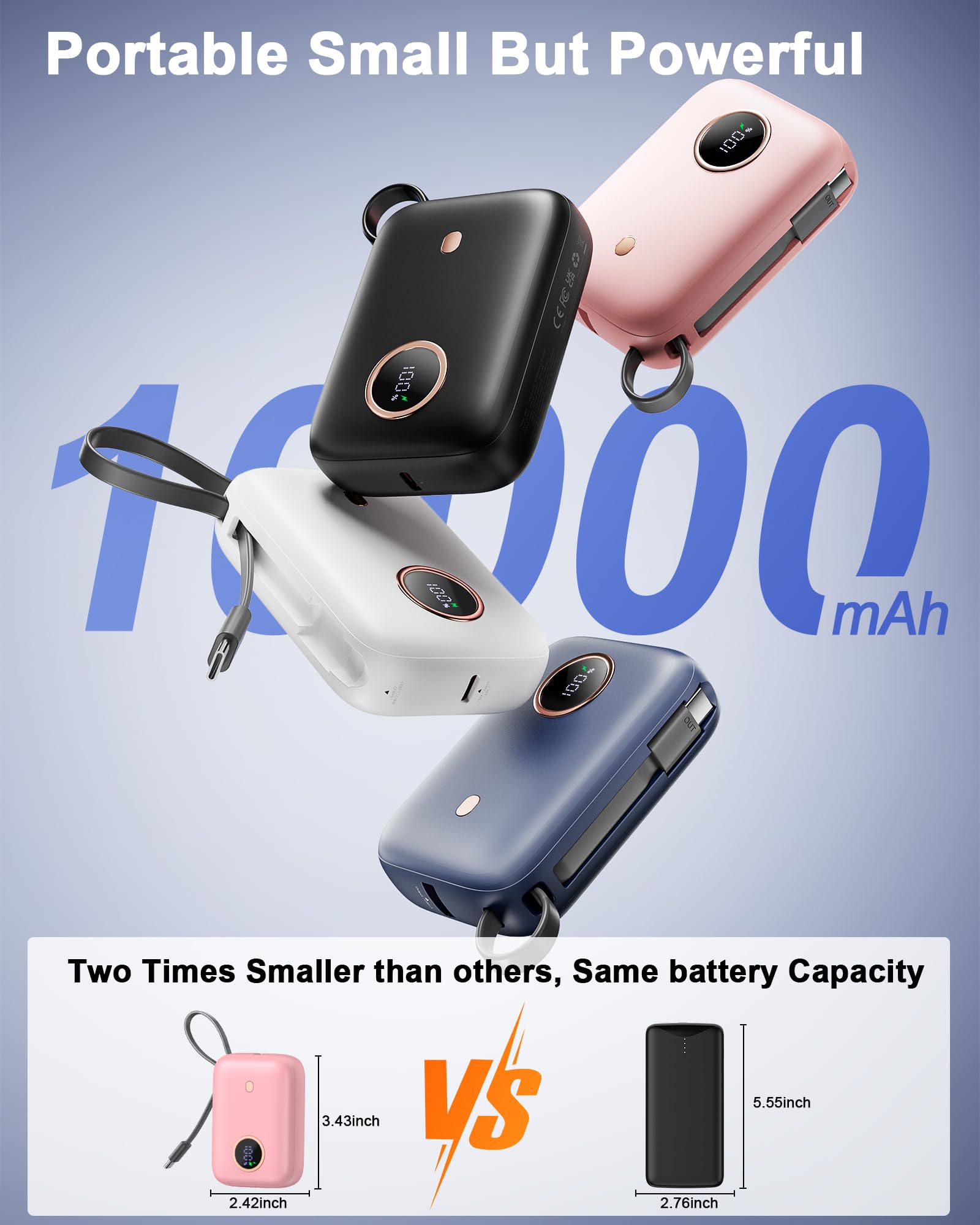 Power Bank Fast Charging 10000 mAh, 22.5W PD QC3.0 High-Speed Portable Charger, PowerBank With Built In Cable USB C, Pocket-Sized Battery Pack for iPhone 16/15, Samsung S23/S24 and More (Jet Black)