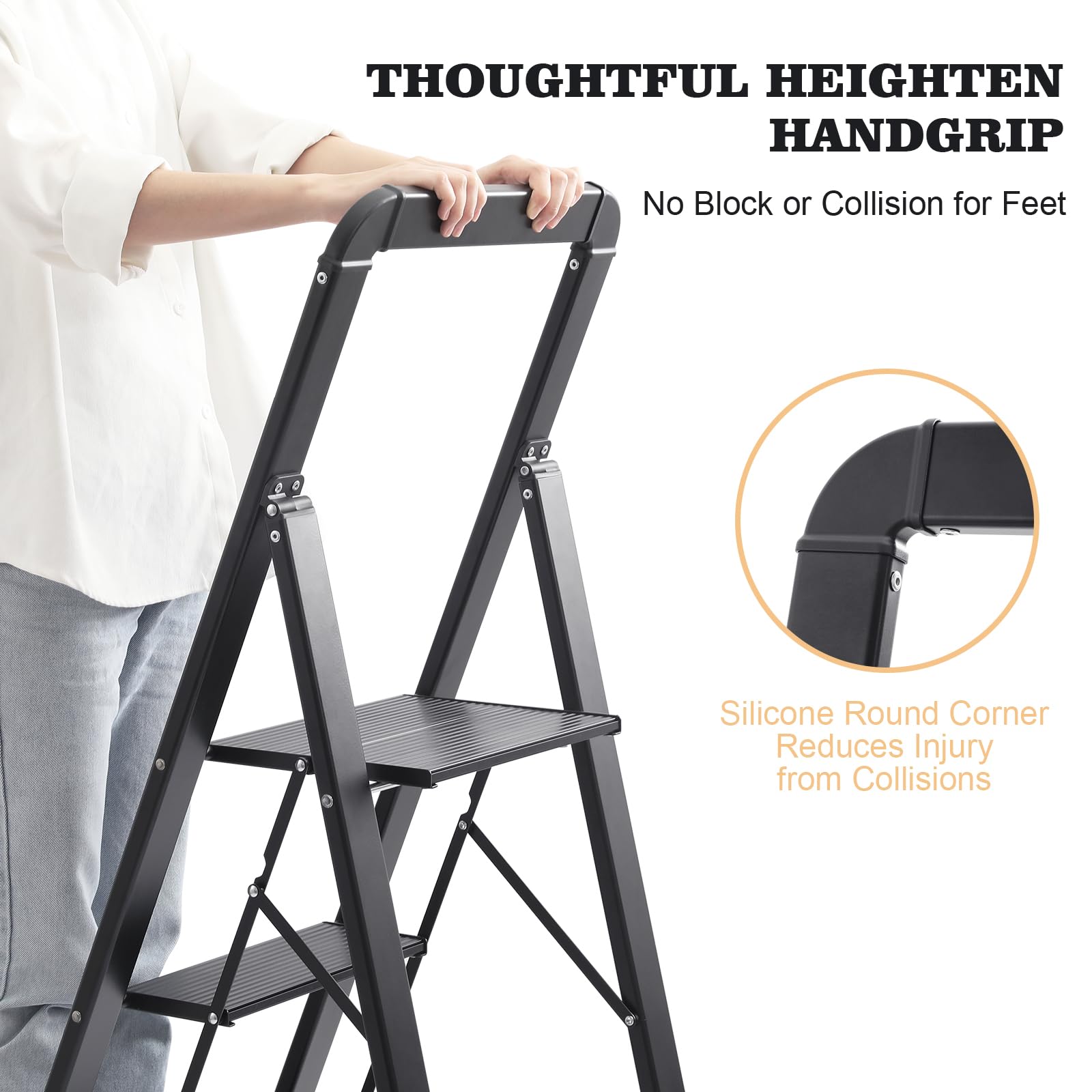 KINGRACK 2 Step Ladder with Handrail, Non-Slip Household Ladder with Folding Safety, Aluminium Folding Step Stool, Maximum Load 150 kg, Black