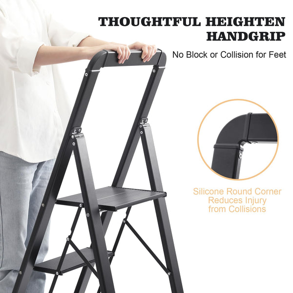 KINGRACK 2 Step Ladder with Handrail, Non-Slip Household Ladder with Folding Safety, Aluminium Folding Step Stool, Maximum Load 150 kg, Black