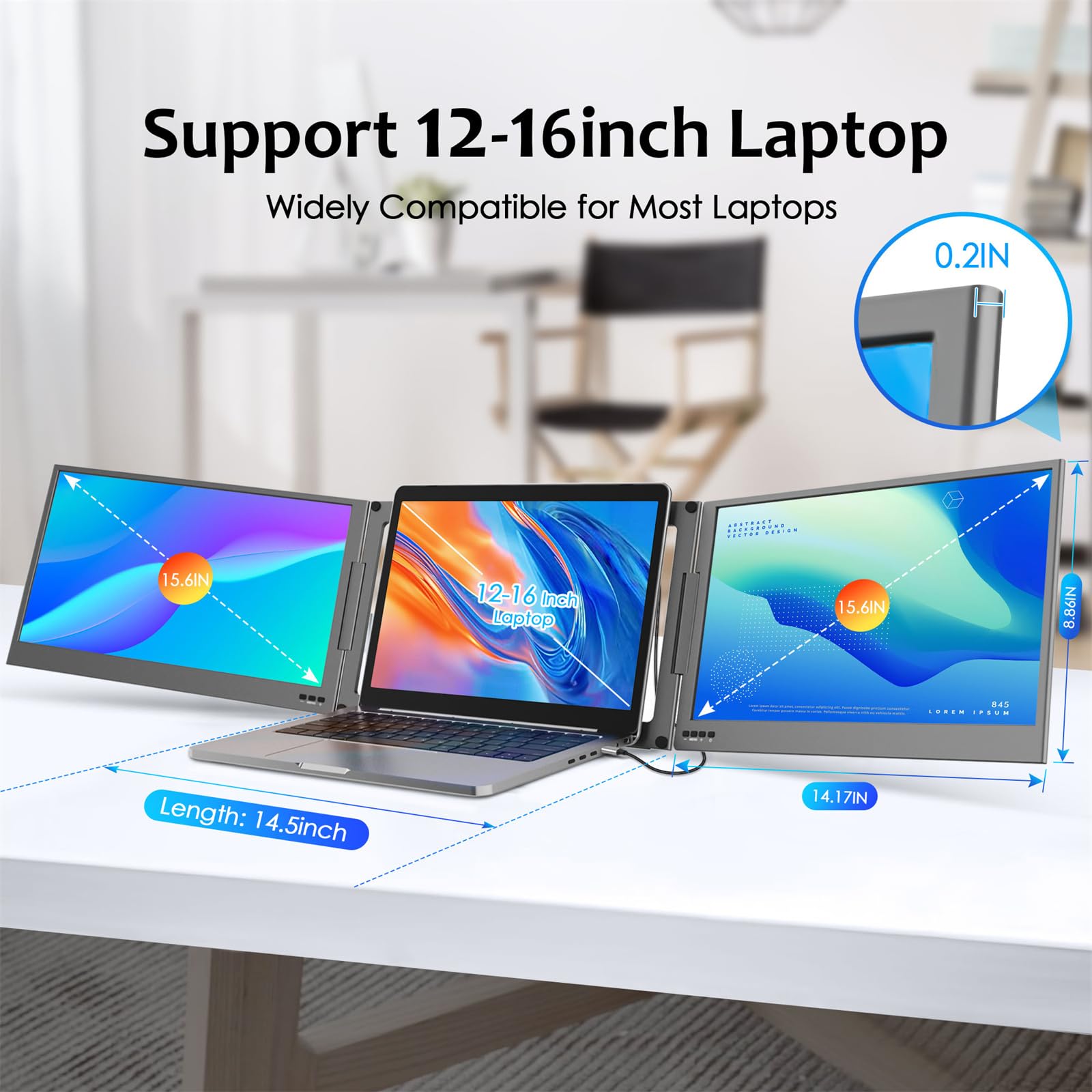 KPKUE 15.6" Laptop Screen Extender, FHD One Cable Monitor Extender, Dual Screen IPS Triple Screen Monitor Fits with 12''-16'' Laptop Compatible Mac Windows Chrome