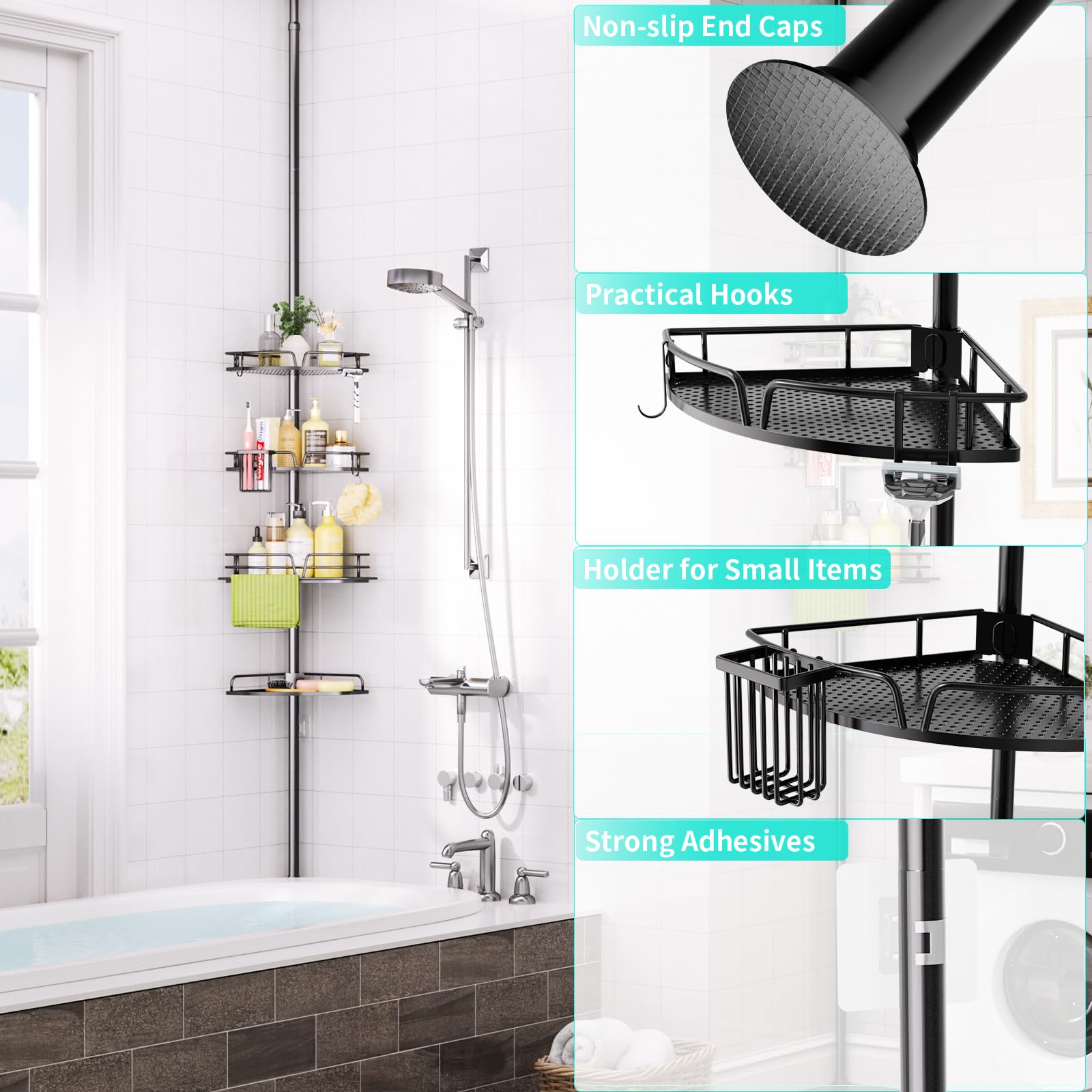 HapiRm Telescopic Shower Caddy Corner- 4-Tier Adjustable Shower Organiser with Toothbrush Holder and Hooks, Rustproof No Drilling Bathroom Shelf,