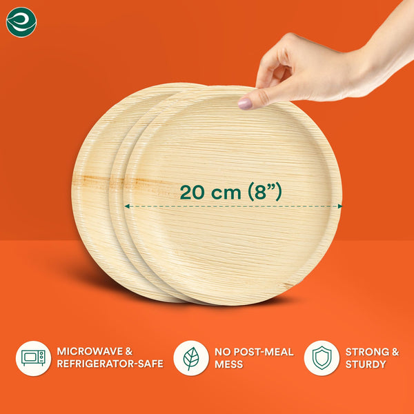 ECO SOUL 100 Disposable Palm Leaf Plates 8(20cm) Round Bamboo Plate I Eco Friendly, Biodegradable, Compostable Heavy-Duty Plate, Wooden Plates for