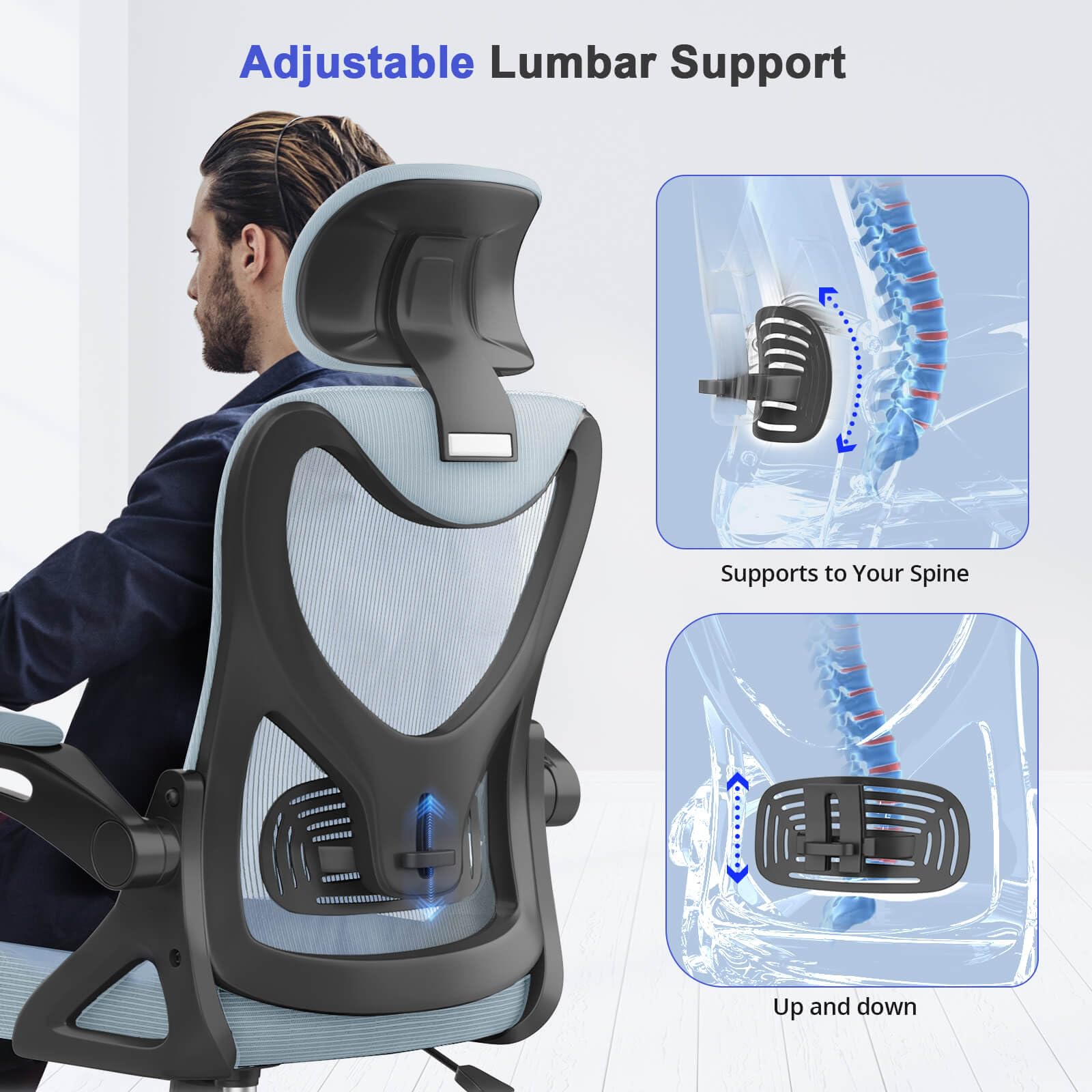 Office Chair - Ergonomic Desk Chair with Lumbar Support Headrest Adjustable, Padded Flip-up Armrests Comfy Seat Cushion High Back Executive Manager Chair For Home Office
