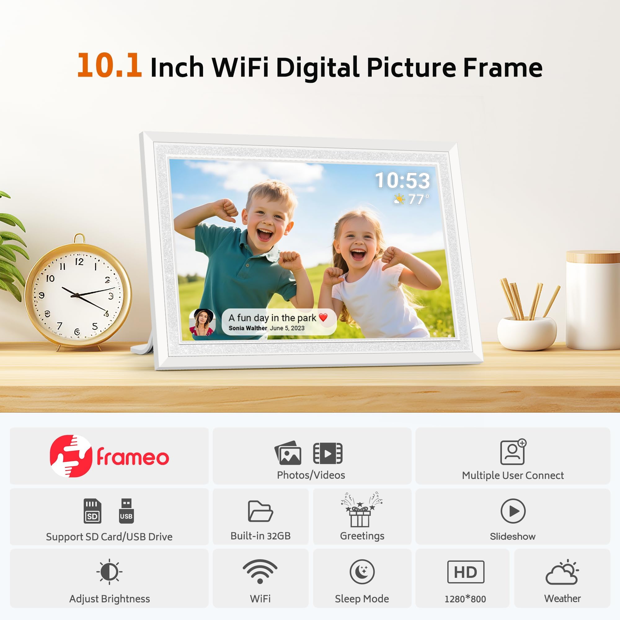 Frameo WiFi Digital Photo Frame 10.1 Inch - 1280x800 HD IPS Touch Screen Picture Frame Electronic, 32GB Memory, Auto Rotate, Wall Mountable, Digital PictureFrame for Sharing Photos and Videos