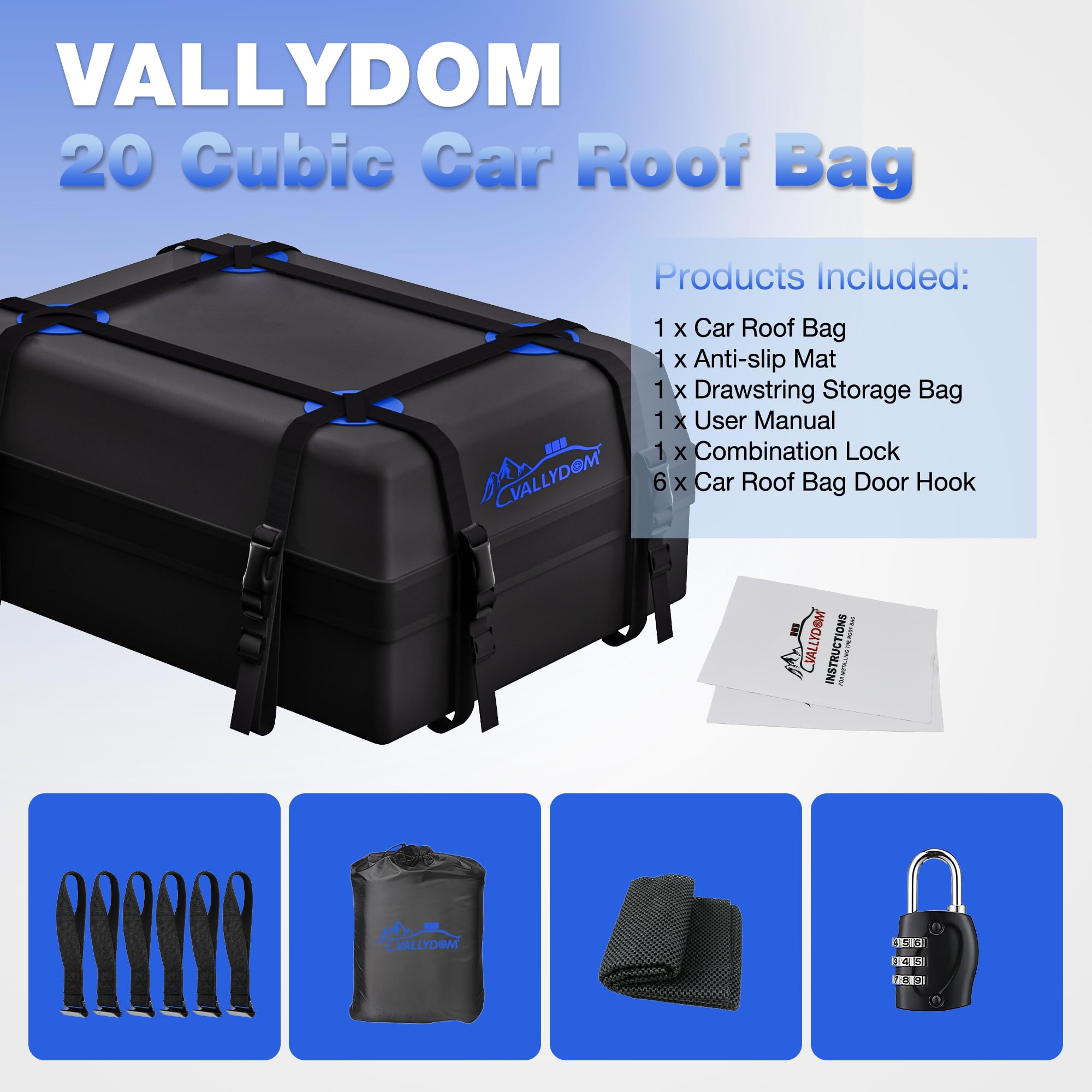 VALLYDOM Car Roof Bag 20 Cubic/560 L, 1680D PVC Waterproof Roof Bag No Need Rack, Roof Box with Anti Slip Pad, 6 Heavy-Duty Straps and Password Lock, Folding Soft Roof Bag for Cars with/Without Rack