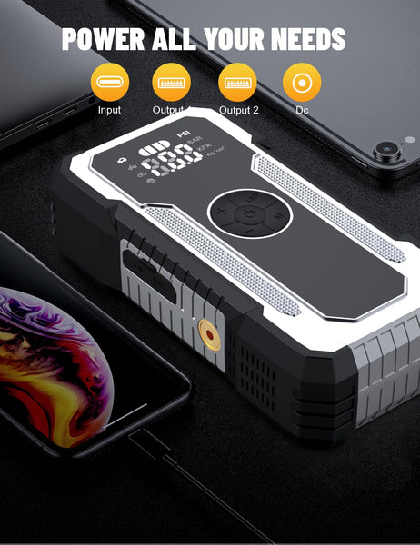 SHARMEAL 6000A Portable Car Battery Booster (all Gas/10L Diesel), Jump Starter Power Pack with 150PSI Air Compressor, 12V Car Jump Starter Power Bank with Jump Leads, LCD Screen, Emergency Light