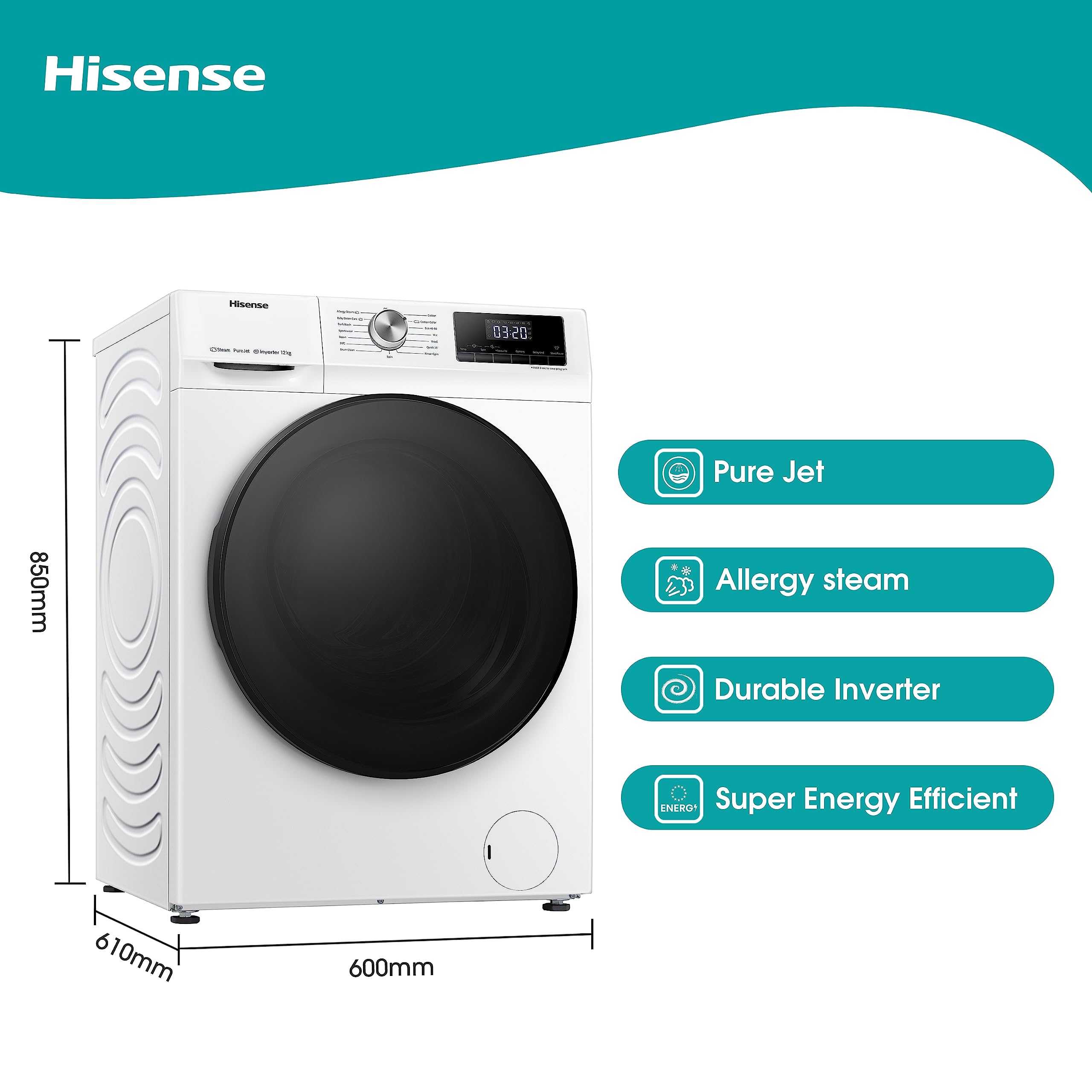 Hisense 3 Series WFQA9014EVJM Freestanding 9 KG Front Load Washing Durable Inverter Machine Steam Wash Quick Wash 15 Washing Programs 1400 RPM White- Energy Rating A