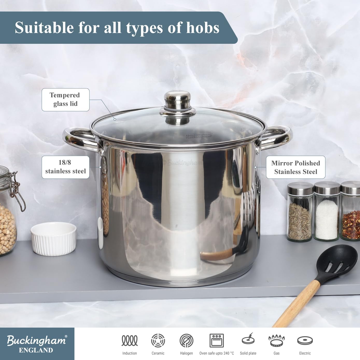 Buckingham Stainless Steel Stock Pot with lid Multipurpose Large Cooking Pot for Soups Stews (11 Litre)