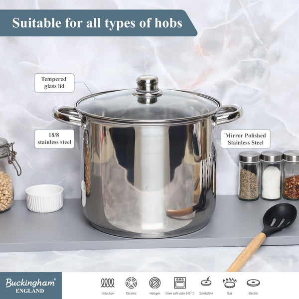 Buckingham Stainless Steel Stock Pot with lid Multipurpose Large Cooking Pot for Soups Stews (11 Litre)