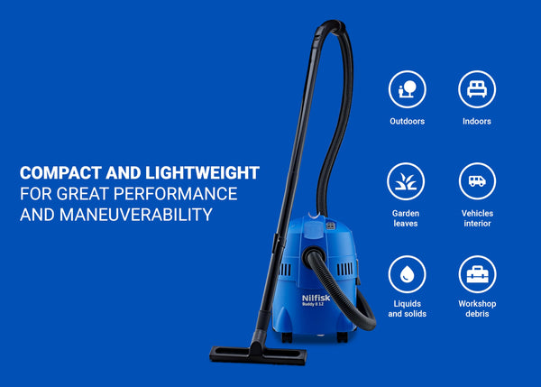 Nilfisk Buddy II 12L Wet and Dry Vacuum Cleaner - Home, Garden & Car Cleaner - Suction & Blowing Functions for Indoor & Outdoor (1200 W)