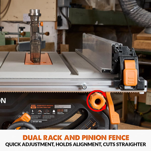 Evolution Power Tools R255TBLX+ Table Saw With Stand (Next Gen Rage 5-S) Multi-Material Cutting Blade Included Cuts Wood Metal Plastic, 45˚ Bevel, +/- 60˚ Mitre Angle, 85mm Cut Depth, 1800w Motor 240v