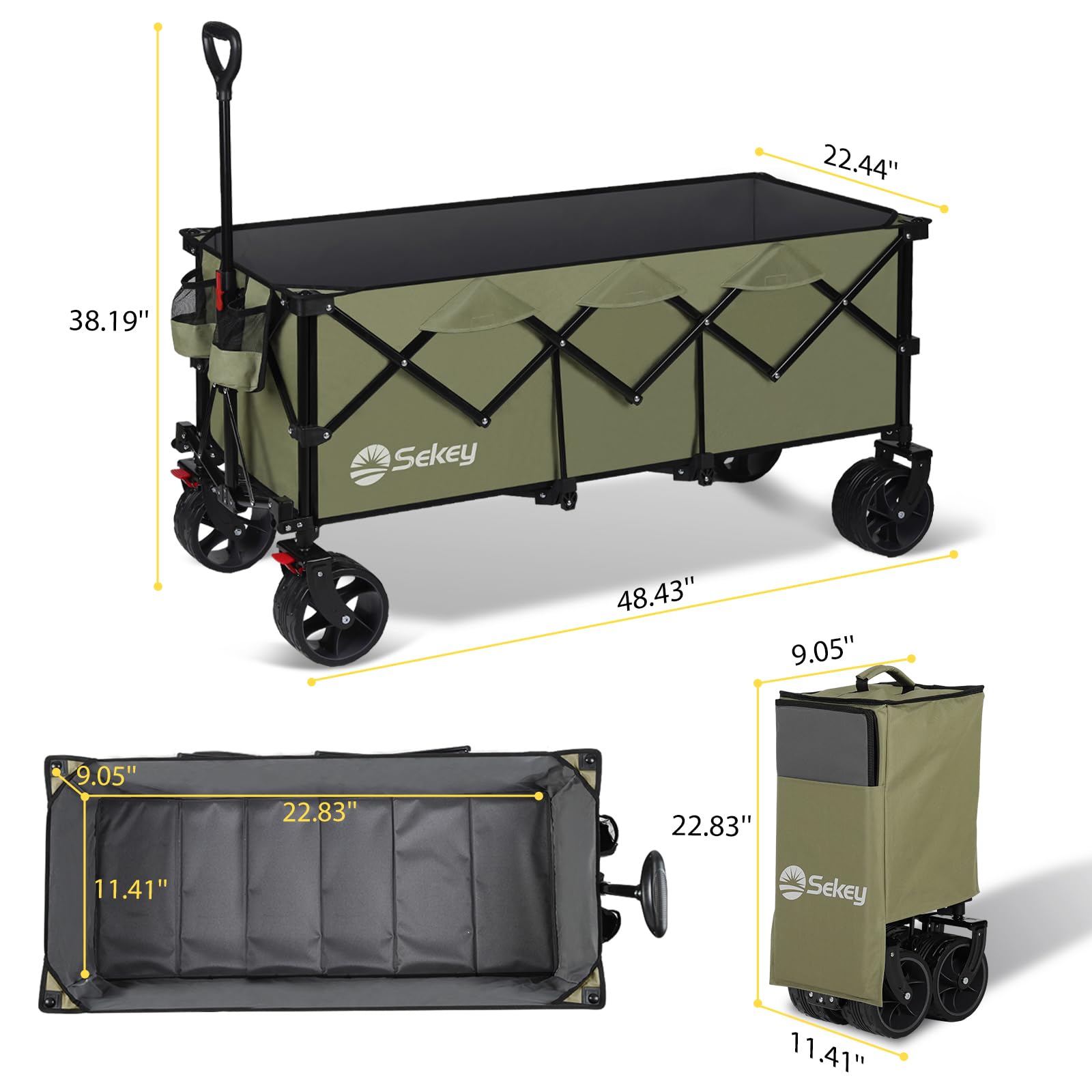 Sekey 200L Folding Festival Trolley with All-Terrain Extra Wide Wheels and Brake, Heavy-Duty Cart Loadable up to 150KG, Patented Four-Directional Foldable Design, Wagon for Beach Camping Outdoor, Grey