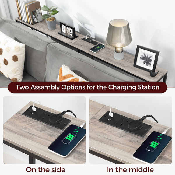 MAHANCRIS Console Table with Power Outlet, 180 CM Narrow Sofa Table, Industrial Entryway Table with USB Ports, Behind Couch Table for Entryway,