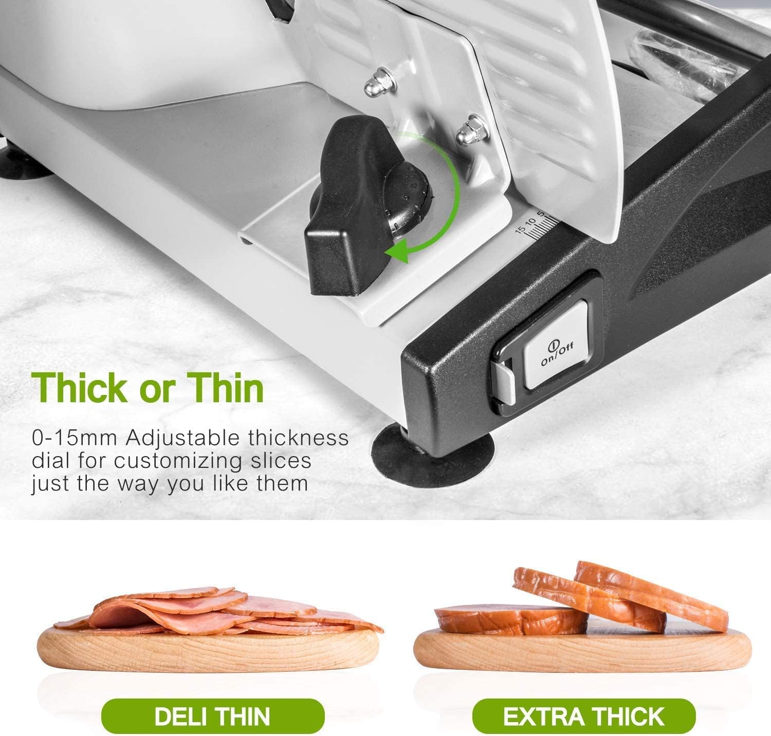 OSTBA SL-518 Electric Deli Food Slicer with Child Lock Protection, Removable 19cm Stainless Steel Blade and Food Carriage, 0-15mm Adjustable Thickness Food Slicer Machine for Meat, Cheese, Bread,150W