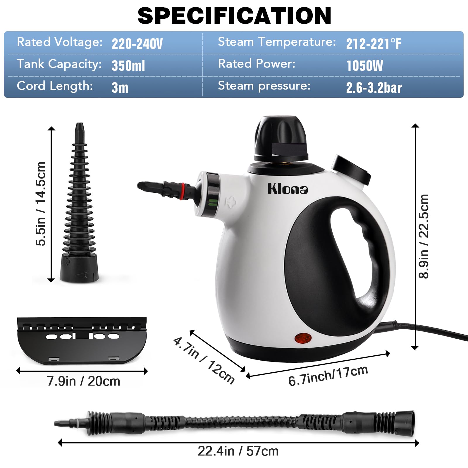 Klona Portable Steam Cleaner, Hand Held steamers for cleaning house, Home Multi Purpose - 10-Piece Accessory Kit for Sofa, Carpets, Upholstery