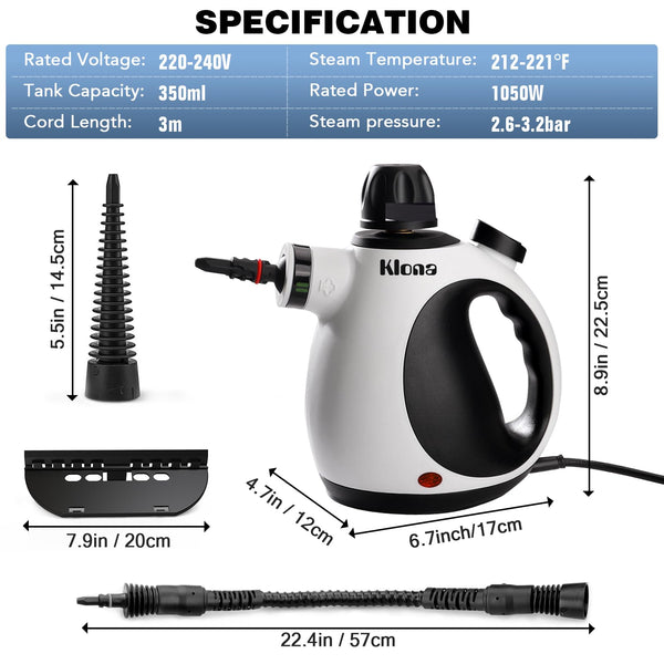 Klona Portable Steam Cleaner, Hand Held steamers for cleaning house, Home Multi Purpose - 10-Piece Accessory Kit for Sofa, Carpets, Upholstery