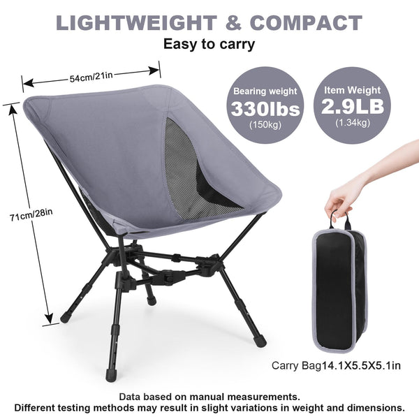 Portable Folding Camping Chair: Lightweight Height Adjustable Camping Chairs Stable Supports 330 Lbs with Side Pockets for Outdoor Camp, Travel, Beach, Lawn (Black)
