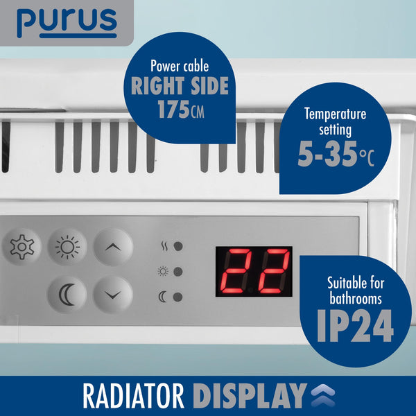 Purus 600W Grey Electric Radiator Heaters for Home, Bathroom Safe Electric Heater Setback Timer Lot 20 & Advanced Thermostat Control Wall Mounted or Floor Standing Low Energy Panel Heater