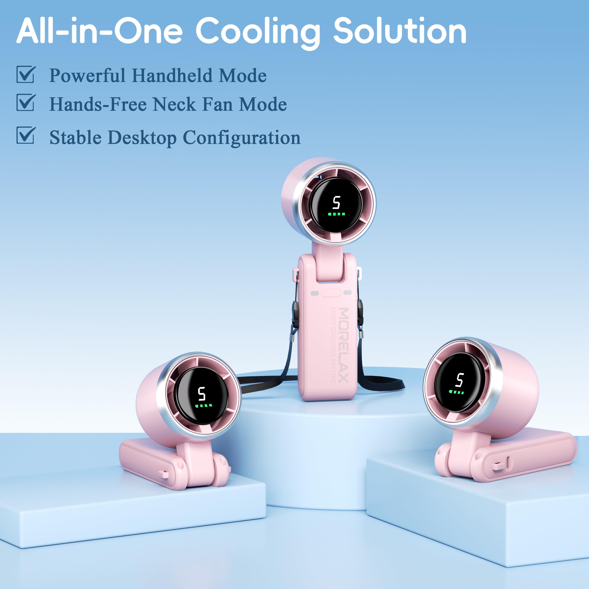 Morelax Personal Handheld Fan,High-Speed Turbo Fans,5-Speed with LED Display,Powerful Motor,4000mAh,USB Rechargeable Portable Cooling Fan for Outdoor Activities,Travel,Working,White