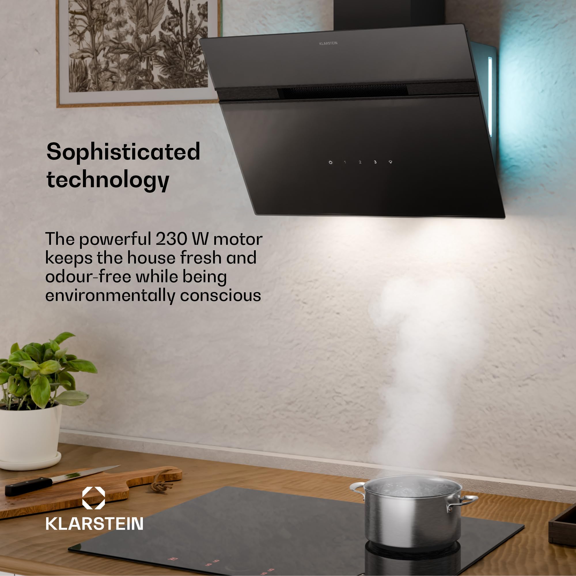 Klarstein Alina 90 Angled Cooker Hood - 600m³/h Air Flow, Touch Panel, LED Backlighting, Quiet 63dB, Energy Class A, 90cm Extractor Hood, Black