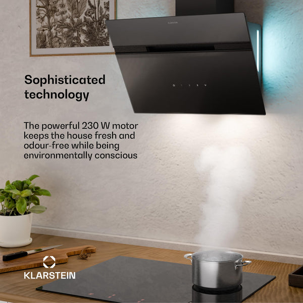 Klarstein Alina 90 Angled Cooker Hood - 600m³/h Air Flow, Touch Panel, LED Backlighting, Quiet 63dB, Energy Class A, 90cm Extractor Hood, Black