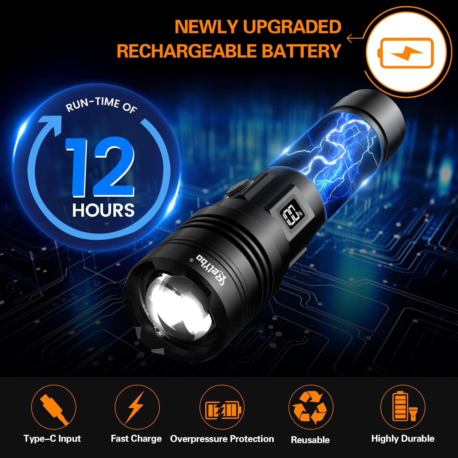 Relybo Torches LED Super Bright Rechargeable, Flashlight 500000 Lumens XHQ99 Torches Battery Powered, Tactical LED Torch Rechargeable, Powerful Torch Flash Light for Dog Walking Camping Emergency Gift