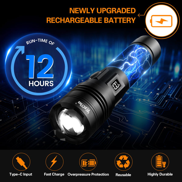 Relybo Torches LED Super Bright Rechargeable, Flashlight 500000 Lumens XHQ99 Torches Battery Powered, Tactical LED Torch Rechargeable, Powerful Torch Flash Light for Dog Walking Camping Emergency Gift