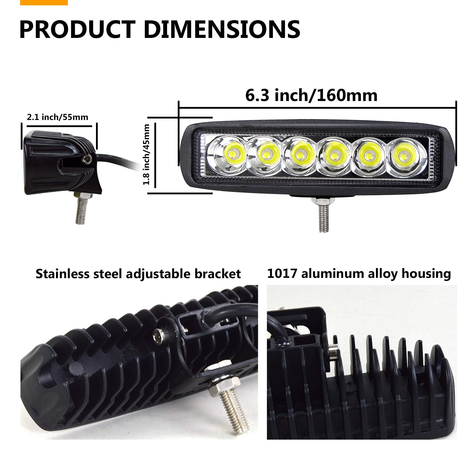 RIGIDON 2 Pcs Led Work Light Bar, 6 inch 18W Flood Beam, 12V 24V Driving Lights Lamp for Car Off road Boat Truck 4x4 SUV ATV Tractors Excavator, 6000K White, Fog Lamp