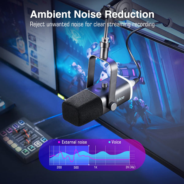 FIFINE XLR/USB Gaming Microphone, Studio Dynamic Streaming Mic, Computer Desktop Stand Microphone for Podcast, VoiceOver, Recording, with RGB, Mute, Monitoring Headphone Jack, Gain Knob, Black-AM8