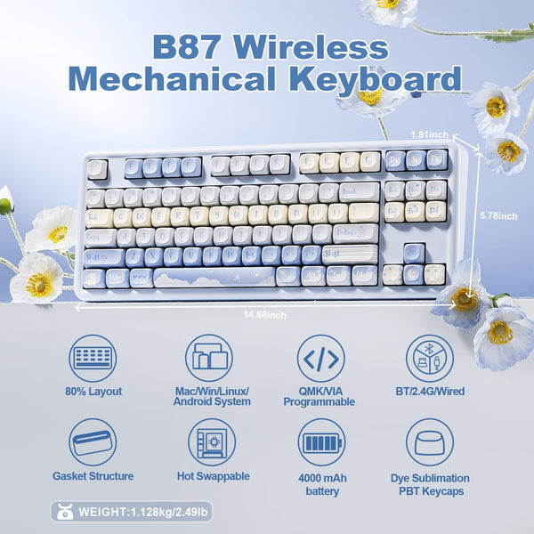 YUNZII B87 Wireless Mechanical Keyboard,QMK/VIA Software Custom Gaming,Gasket RGB Keyboard with Cute MOA Keycaps,Wrist Rest,BT5.0/2.4G/USB-C NKRO for Win/Mac (butter, milk v2 linear)