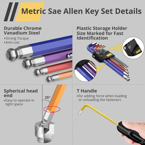 AMTOVL Hex Key Set, Allen Wrench Set, 18PCS Metric and SAE Allen Key Set Extra Long with Ball End T-Handle CRV & S2 Steel 1.5mm-10mm, 1/16-3/8