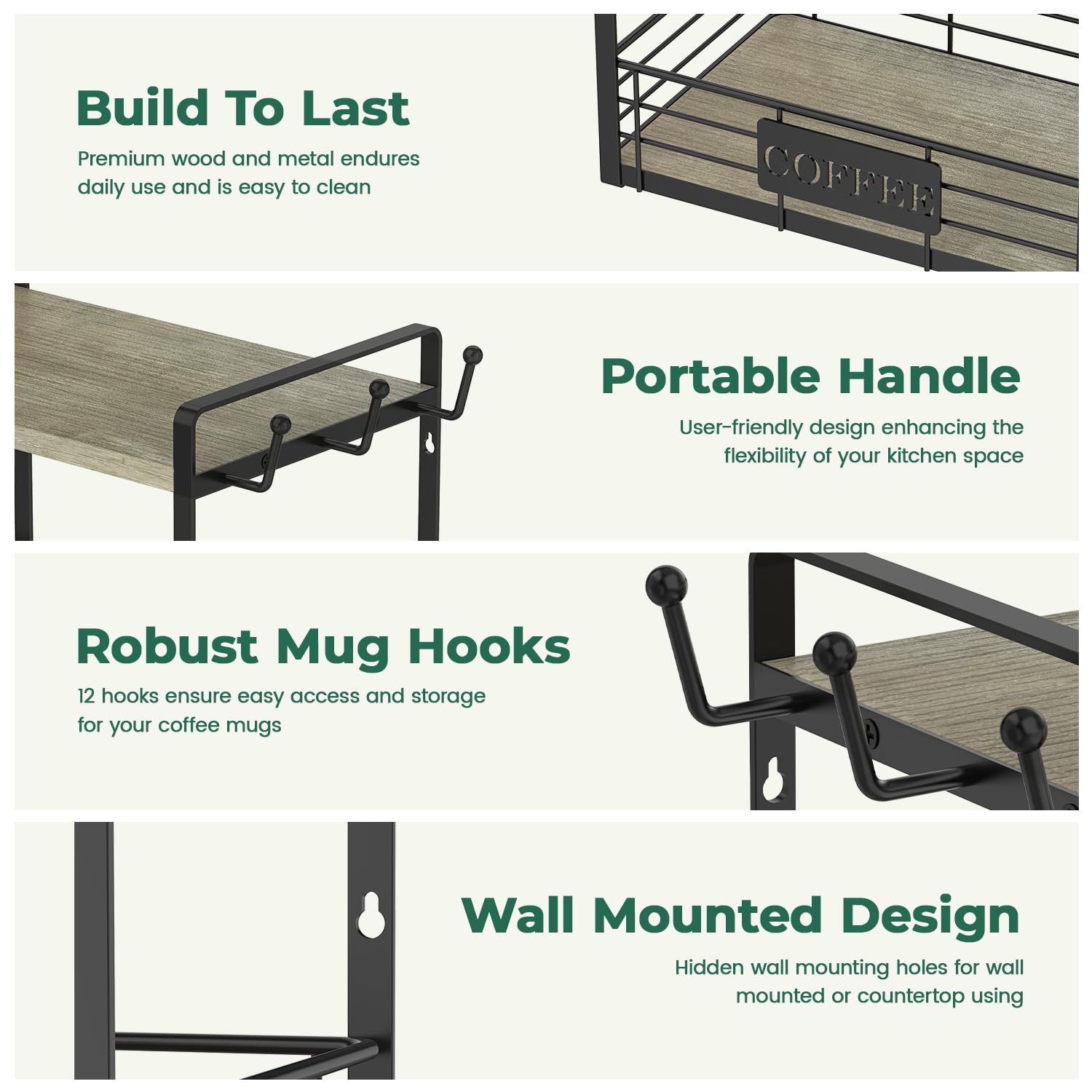 EsLuker.ly 2 Tier Coffee Bar Organizer Countertop Station Rack for Kitchen, Multi-functional Coffee Mug Holder Display Stand, Accessory Storage Shelf