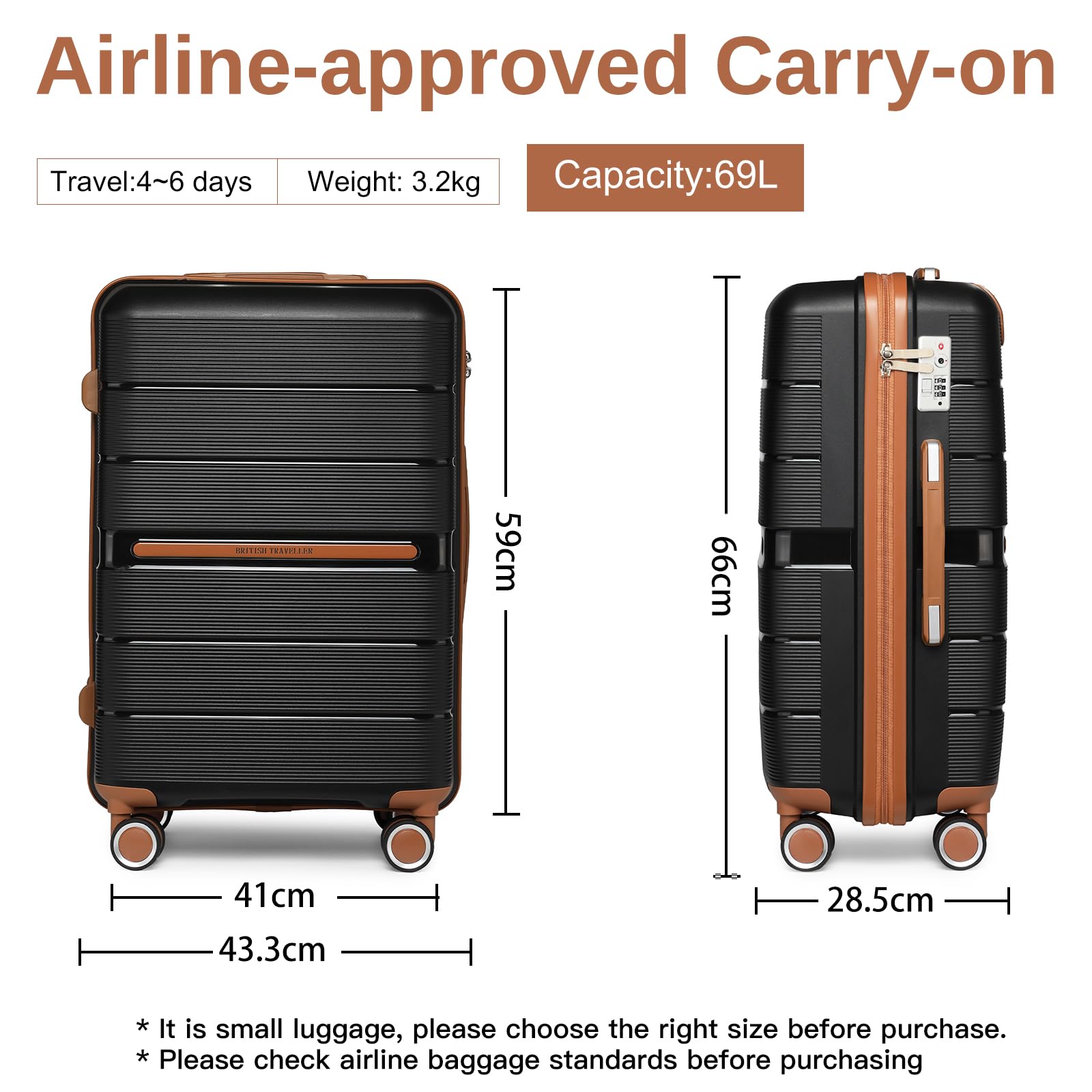 British Traveller 24" Medium Suitcase Lightweight Polypropylene Hard Shell Luggage Hold Check in Suitcase with 4 Wheels and Built-in TSA Lock(Navy, 66cm 60L)