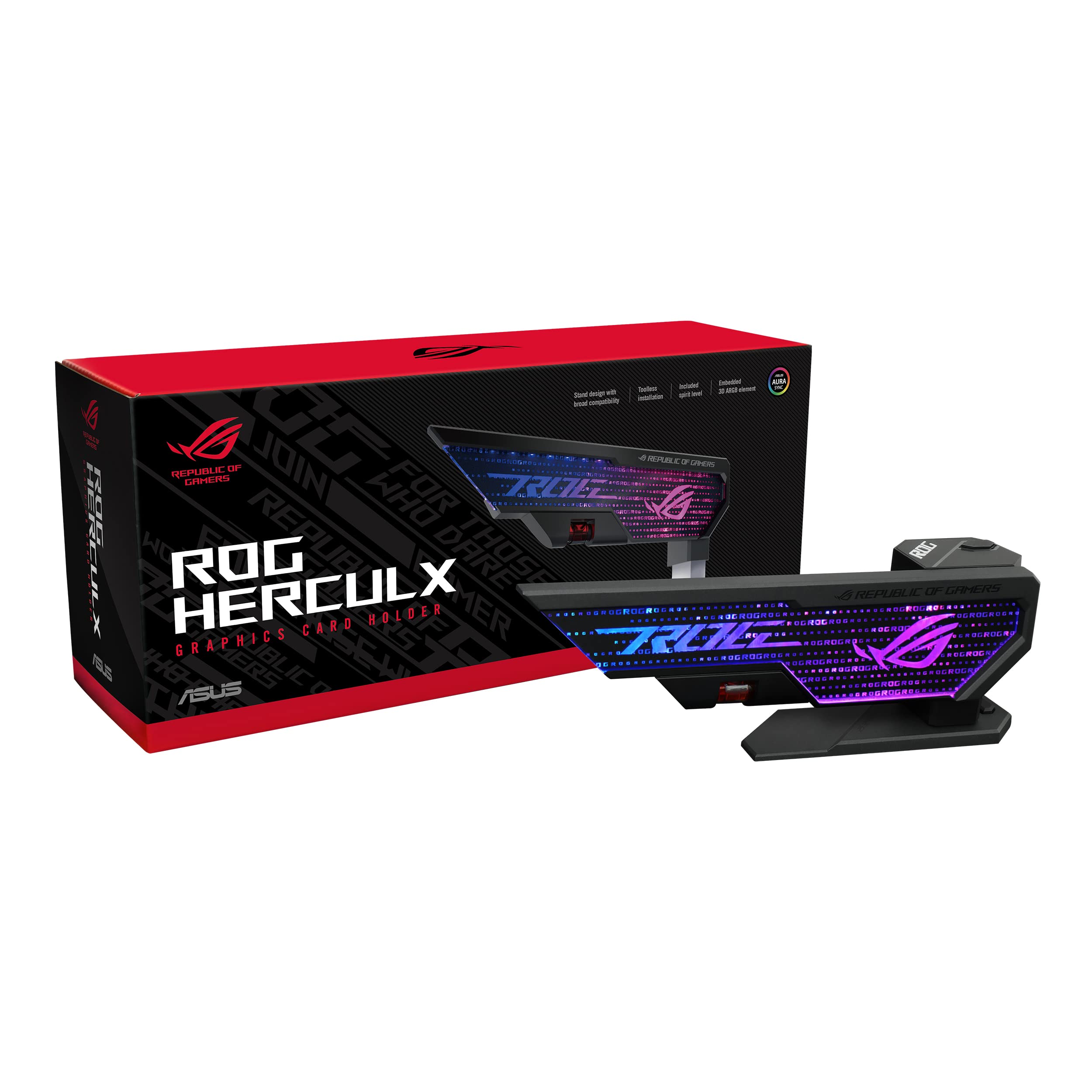 ROG Herculx Graphics Card Holder - Tool-free adjustable GPU support bracket, Spirit level, Solid zinc alloy, 72-128mm, Extensive compatibility, Aura Sync