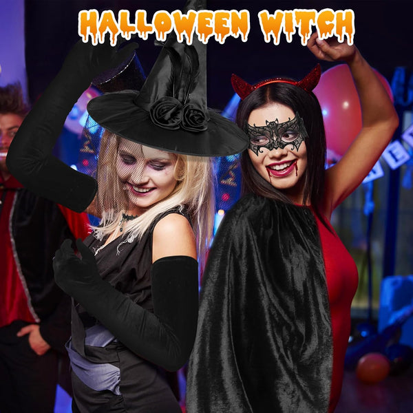 Beipegin Witches Costume Women Hooded Cape Witch Hat Lace Masks Gloves Halloween Costumes Witch Outfit Women Dress up Cosplay