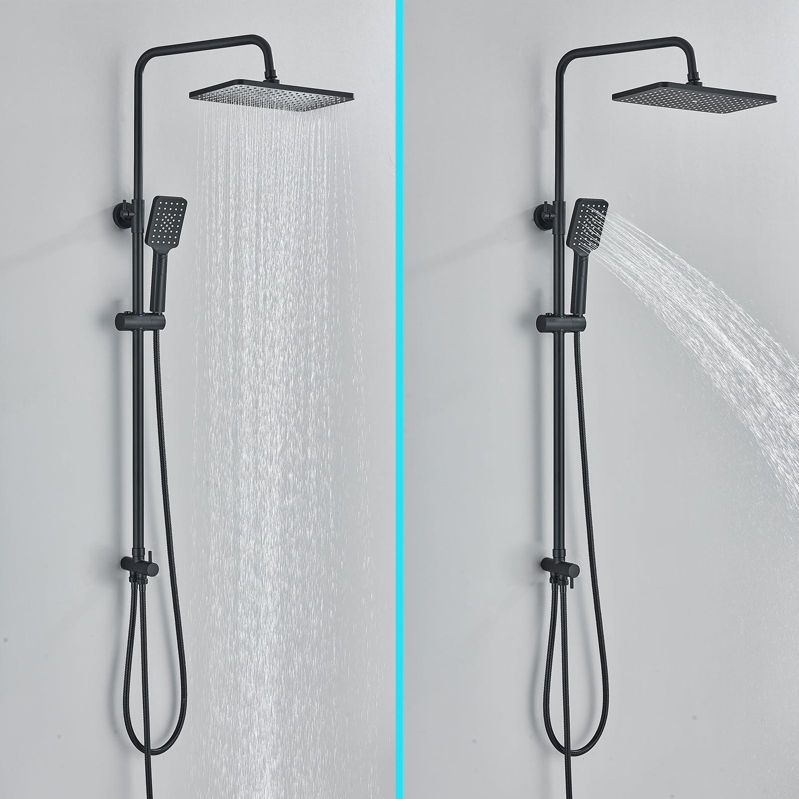 Rozin Shower Riser Rail Kit Adjustable Chrome 2 Functions Square Overhead 29 * 19cm and Hand Shower Stainless Steel Easy Install