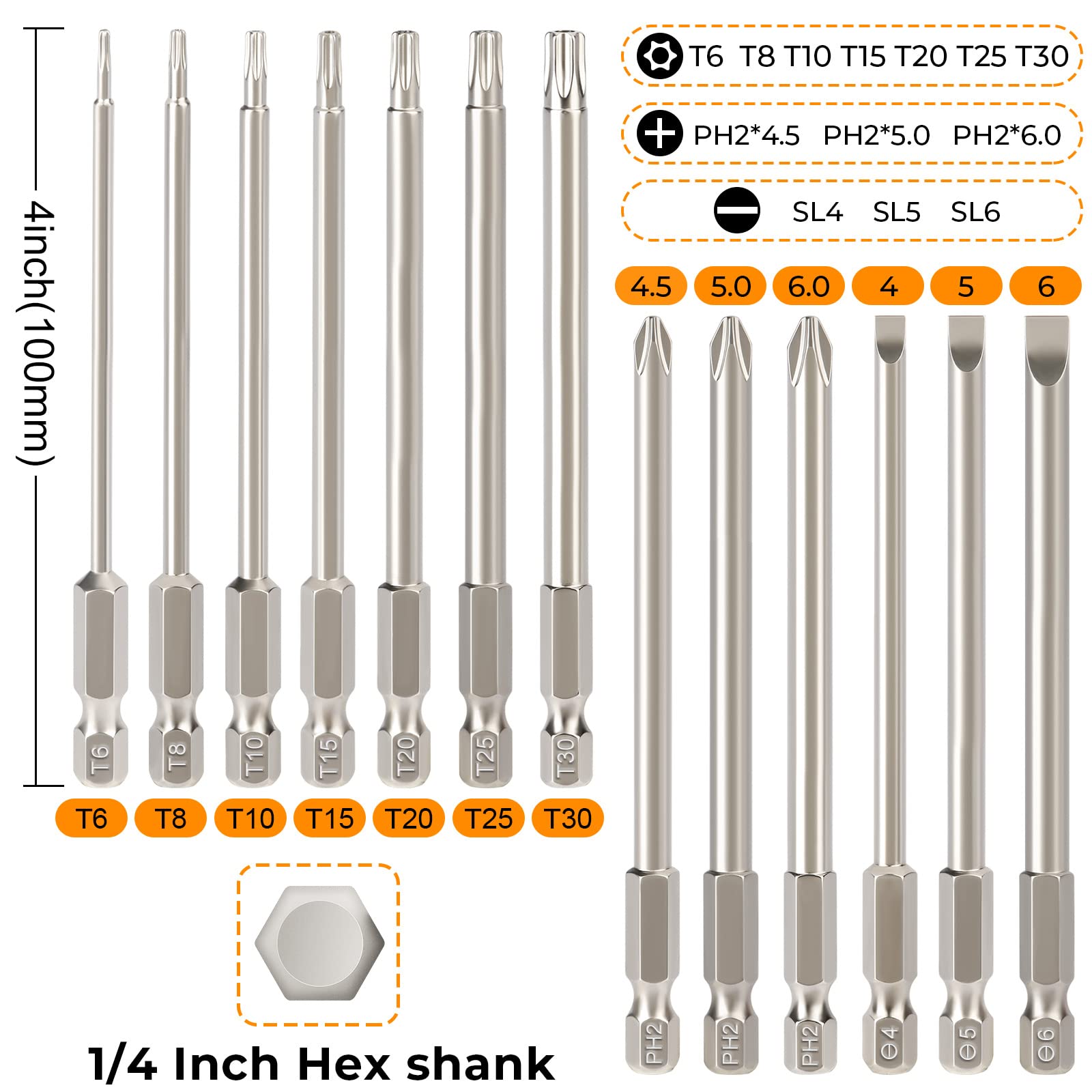 Hakkin 12PC Screwdriver Bits Set - S2 Steel, Magnetic, 3 Inch Slotted & Phillips, 1/4" Hex Shank for Power Screwdriver, Drill, Impact Driver