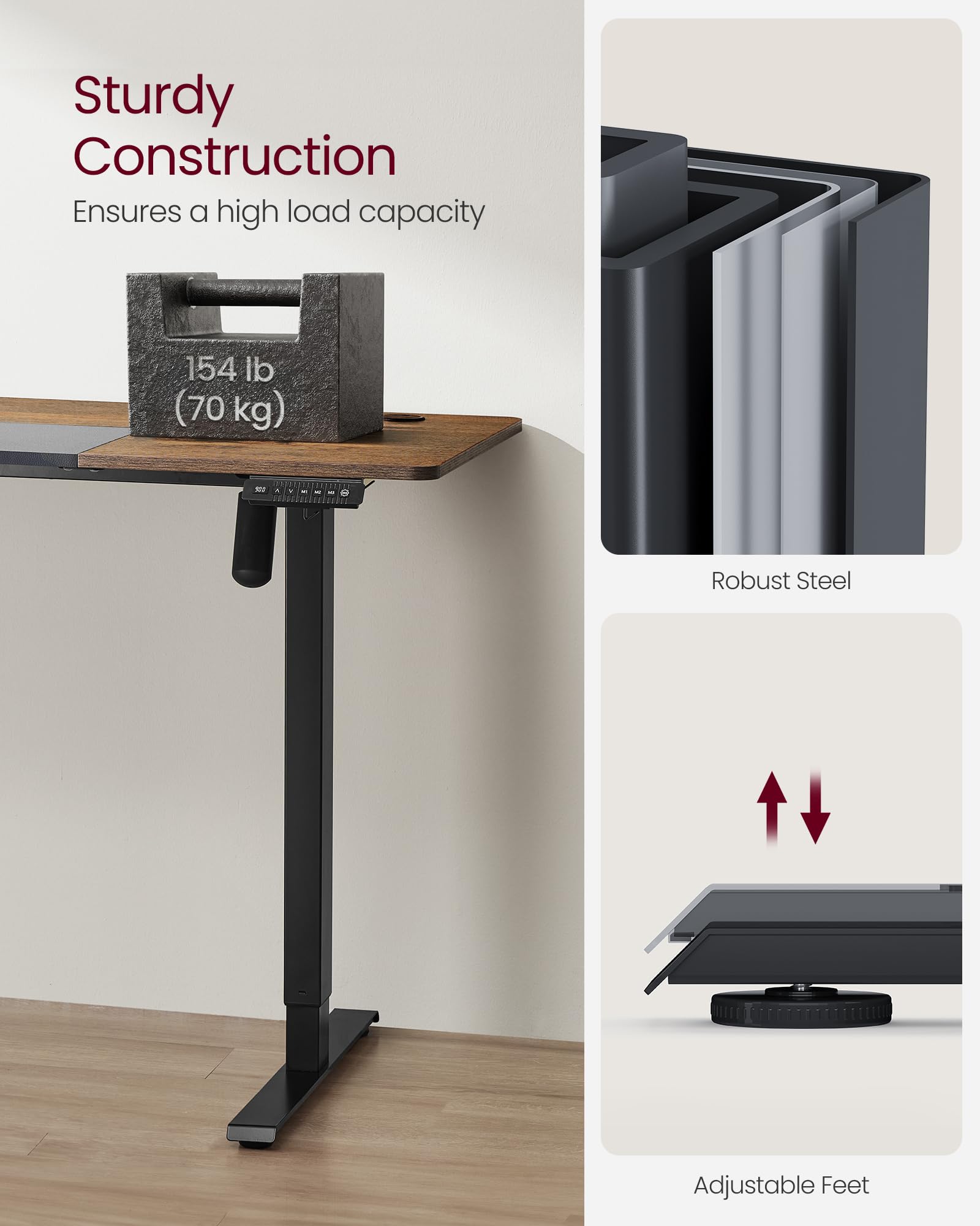 VASAGLE Electric Standing Desk, Height Adjustable Desk, 60 x 140 x (72-120) cm, 4 Memory Heights, Storage Pocket, for Home Office, Study, Rustic Brown and Ink Black LSD134K02