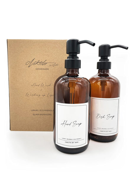 Luxury Glass Soap Dispensers - Brown Amber Soap Dispenser, Bathroom Dispenser Bottles, 500ml Bottles with Pump Dispenser - Waterproof Labels & Gift