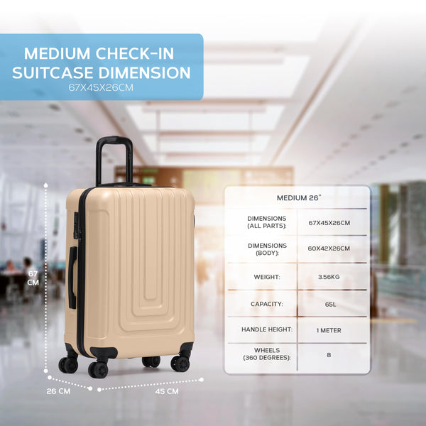 Flight Knight Premium Lightweight Suitcase - Built-in TSA Lock - 8 Spinner Wheels - ABS Hard Shell Check in Highly Durable Luggage - Medium - 67x45x26cm